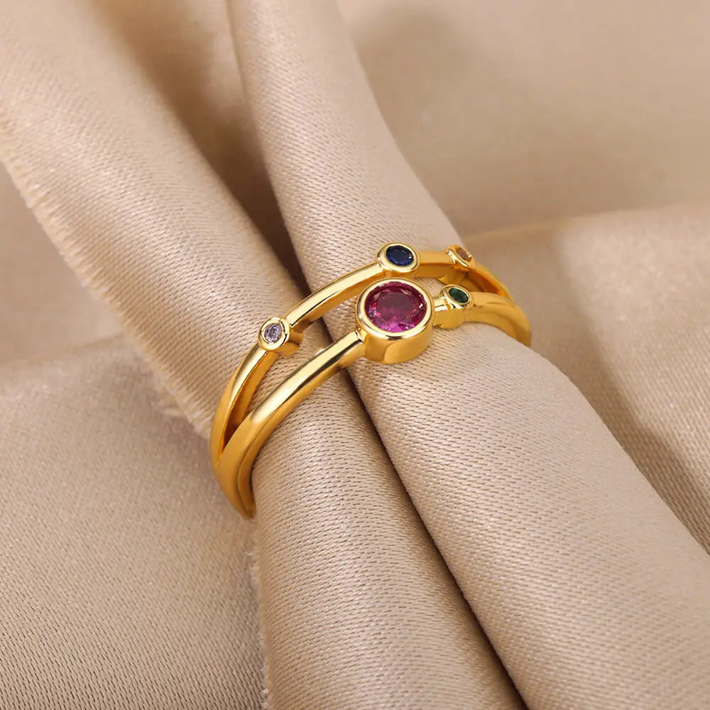 Bunte Zirkon runde Steinringe für Frauen Edelstahl Goldfarbe Fingerring Hochzeit Ästhetischer Schmuck Geschenk Bijoux Femme