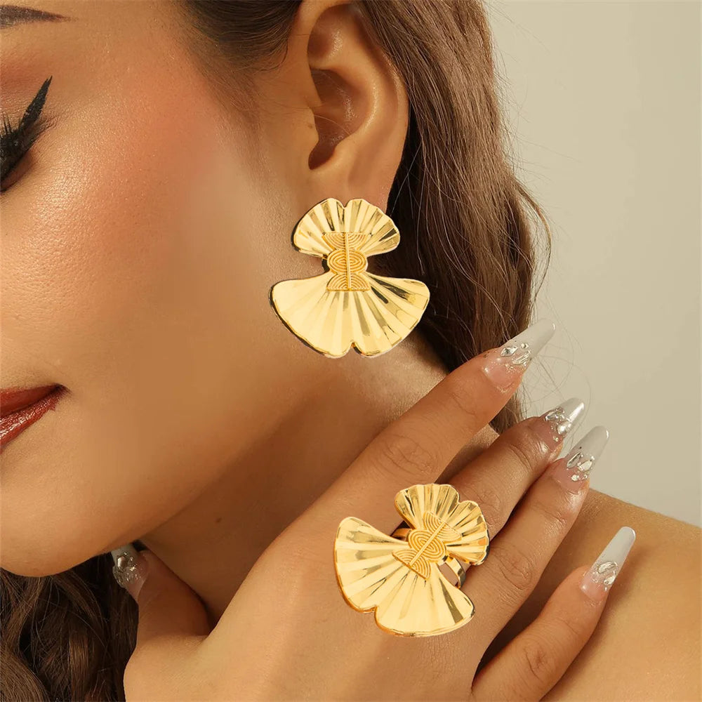 Afrikanisches Schmuckset 18K vergoldet für Partys, Ohrclips und Fingerring, 2-teiliges Set für Verlobungen, Dubai Ohrringe Ring Schmuck