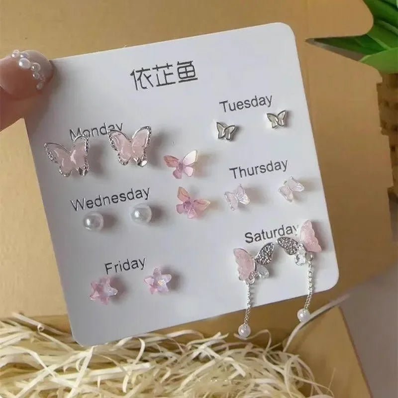 Colorful Flower Butterfly Earrings Seven-piece Set For Women Fashion Personalized Daily Accessory Party Jewelry Birthday Gifts