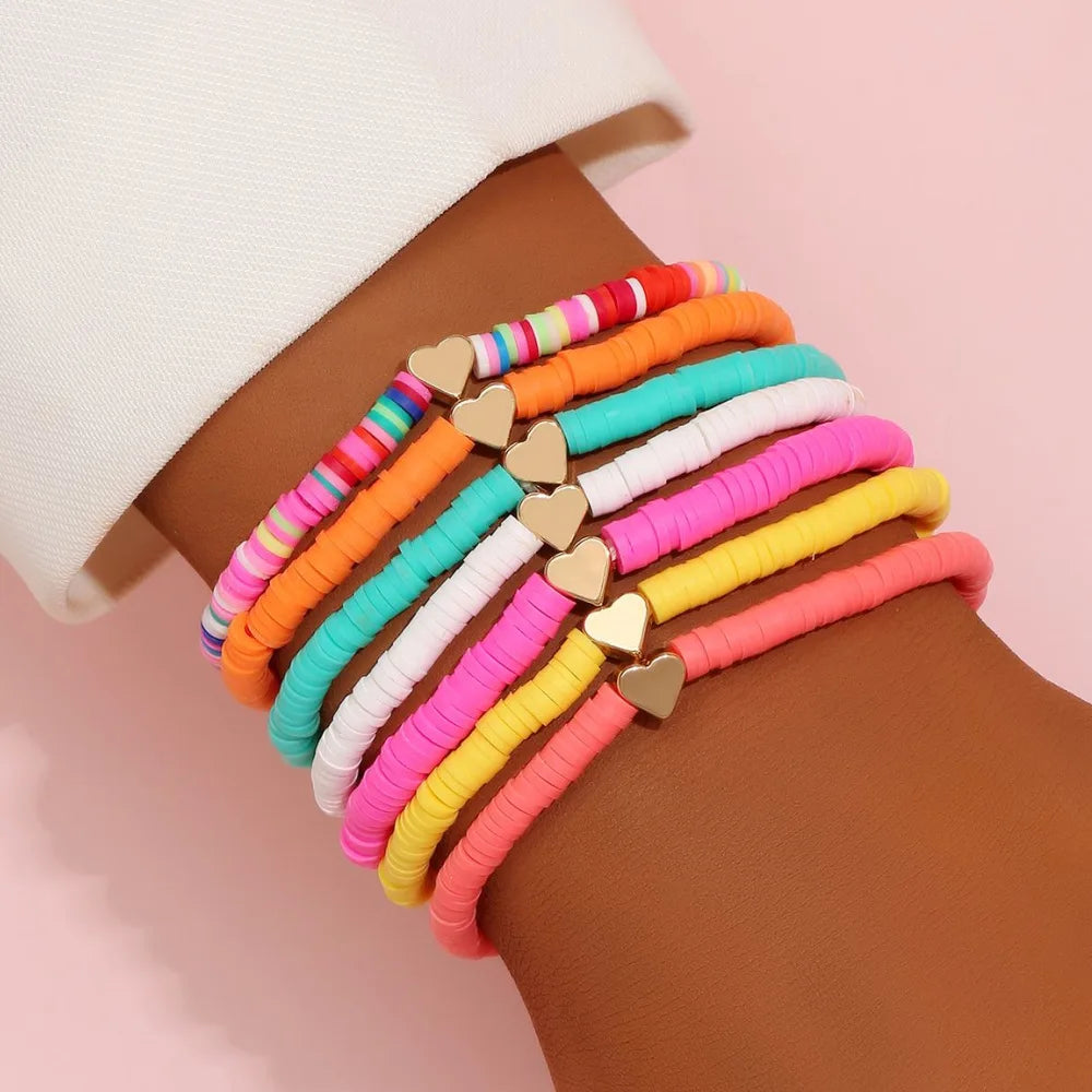 Juego de Pulseras Apilables Arcoíris de Moda para Mujer con Dijes de Corazón, Arcilla Blanda, Cuentas en Capas, Cadena, Brazalete, Joyería Bohemio Femenina