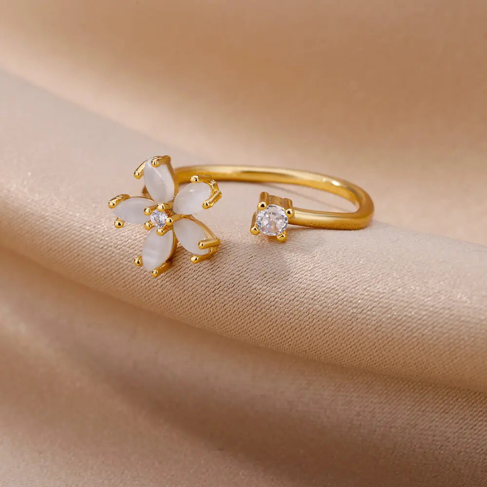 Anillos de flor de ópalo para mujer, circonita cúbica, anillo de acero inoxidable abierto, joyería estética floral de boda, anillos mujer