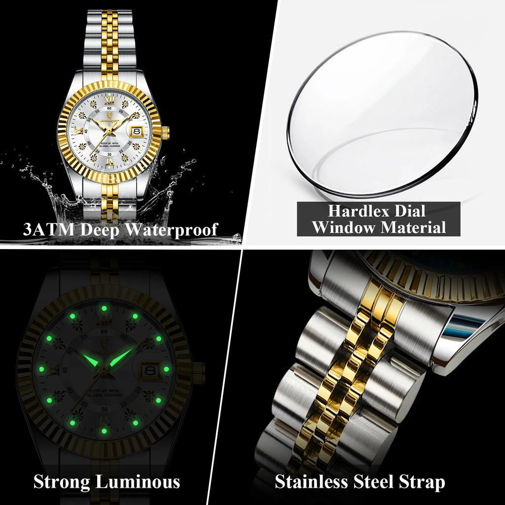 POEDAGAR Luxus elegante Damenuhr Wasserdicht Leuchtendes Datum Damenuhr Edelstahl Quarz Damenuhren Mädchen Reloj