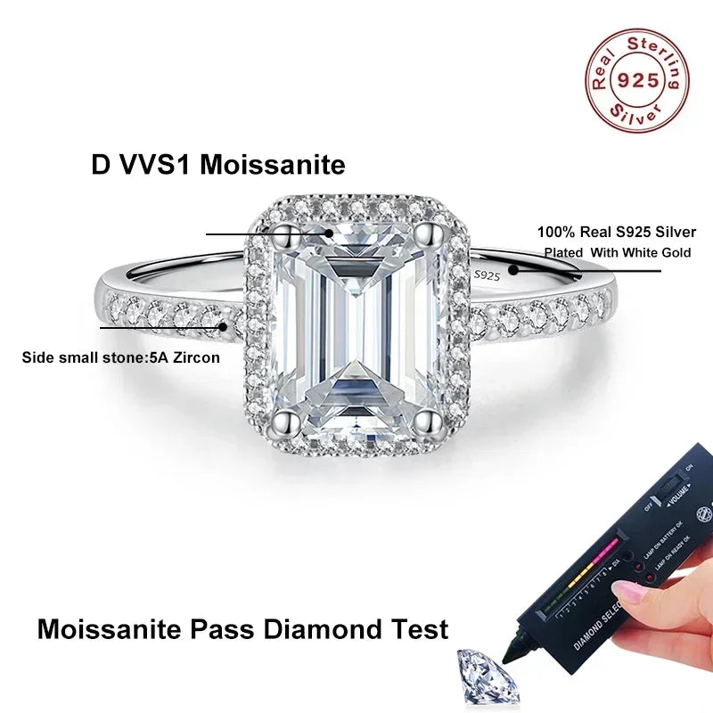 NeeTim 1ct 2ct Moissanit Ring für Damen Smaragdstrahlender Schliff Labor-Diamantringe Sterling Silber 925 mit vergoldetem Ehering
