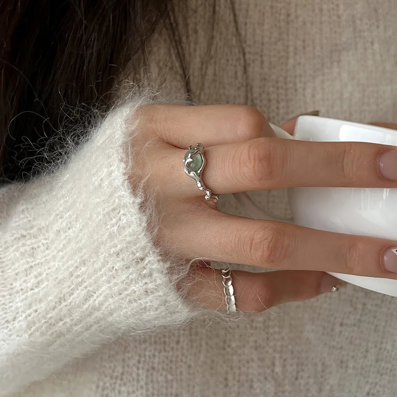 925 Sterling Silber vergoldeter Flüssiger Lava Hetian Jade Bambus Ring für Frauen Mädchen Geschenk Unregelmäßiger Vintage Schmuck Dropshipping