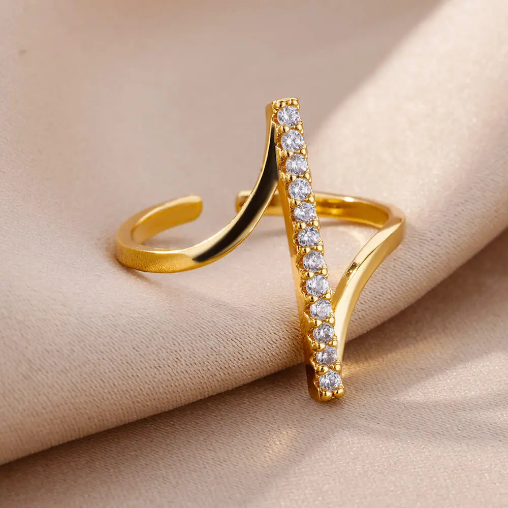 Zirkon Geometrische Ringe für Frauen Goldfarben Edelstahl Öffnungsring Luxus Hochzeitsfeier Ästhetischer Schmuck Geschenk Femme 2024