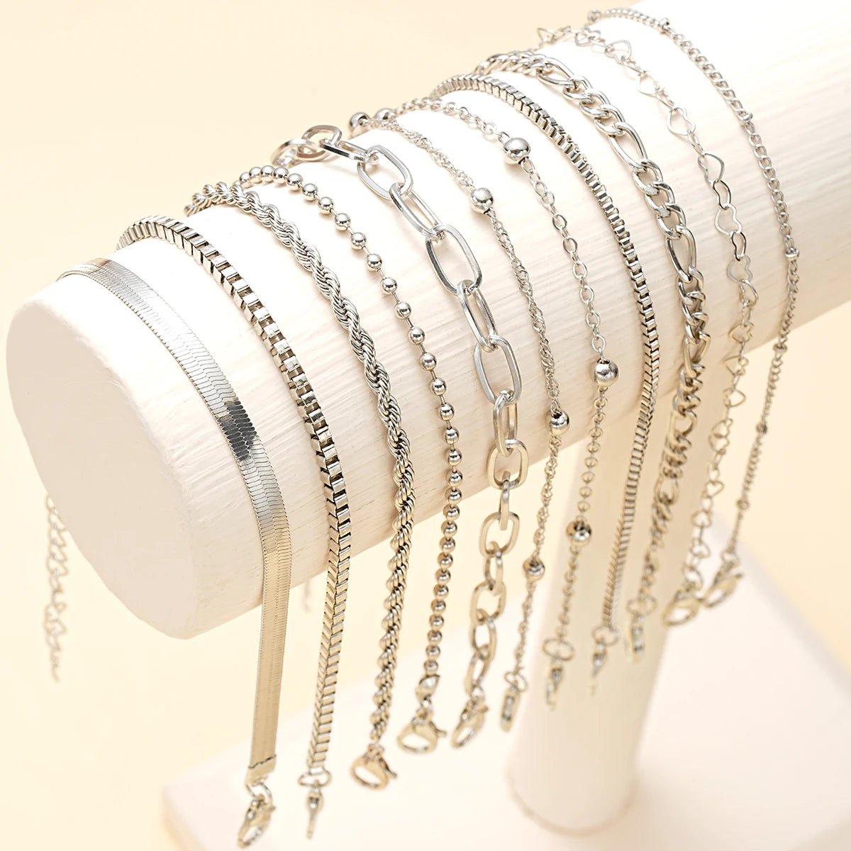 11-teiliges Set Boho Gedrehte Flache Schlangenketten-Fußkette für Frauen Sommer Strand Vintage Barfuß-Fußkettchen am Bein Schmuckzubehör
