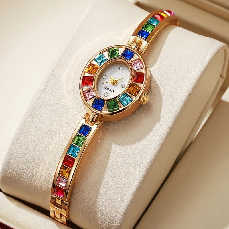 Dropshipping Damen-Quarzuhren Neue Mode-Regenbogen-Strass-Armband Ovale Zifferblatt-Armbanduhr Großhandel Armbanduhren Reloj