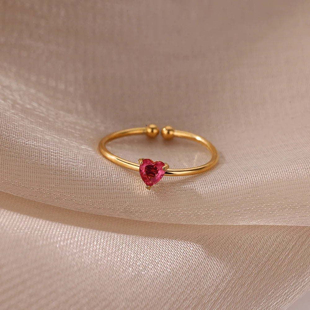 Edelstahl Geburtsstein Offene Ringe für Frauen Mode 12-farbiger Kristall Zirkon Herz Ring Geburtstag Ästhetischer Schmuck Geschenk