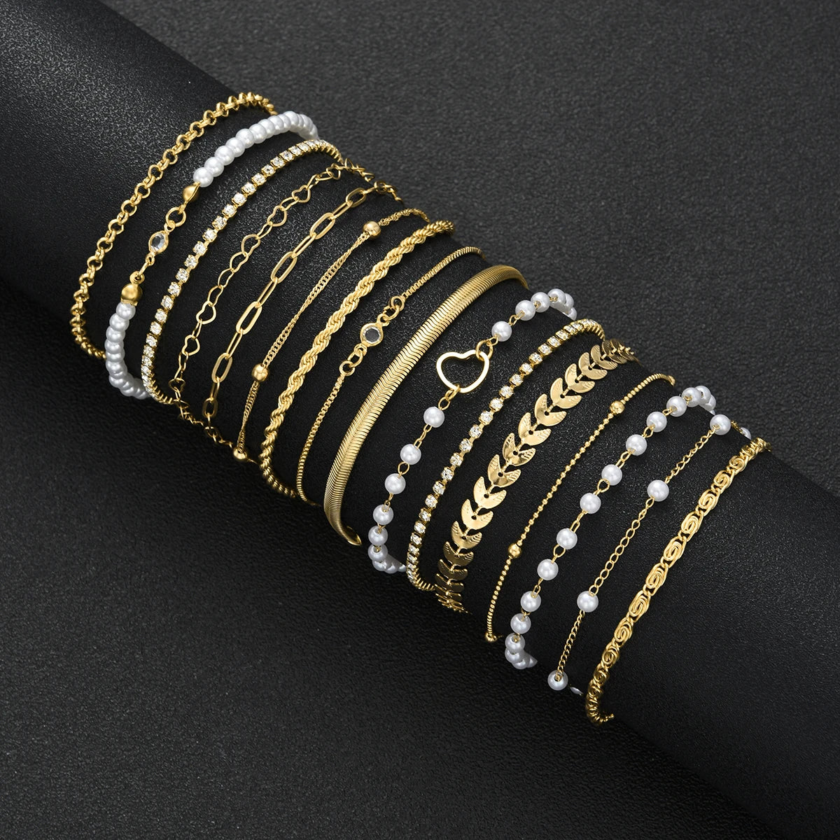 16tlg. minimalistisches Herz-Perlen-Strass-Schlangenketten-Armband-Set für Damen Elegante Goldfarbe Verabredungen Urlaube Alltagsschmuck