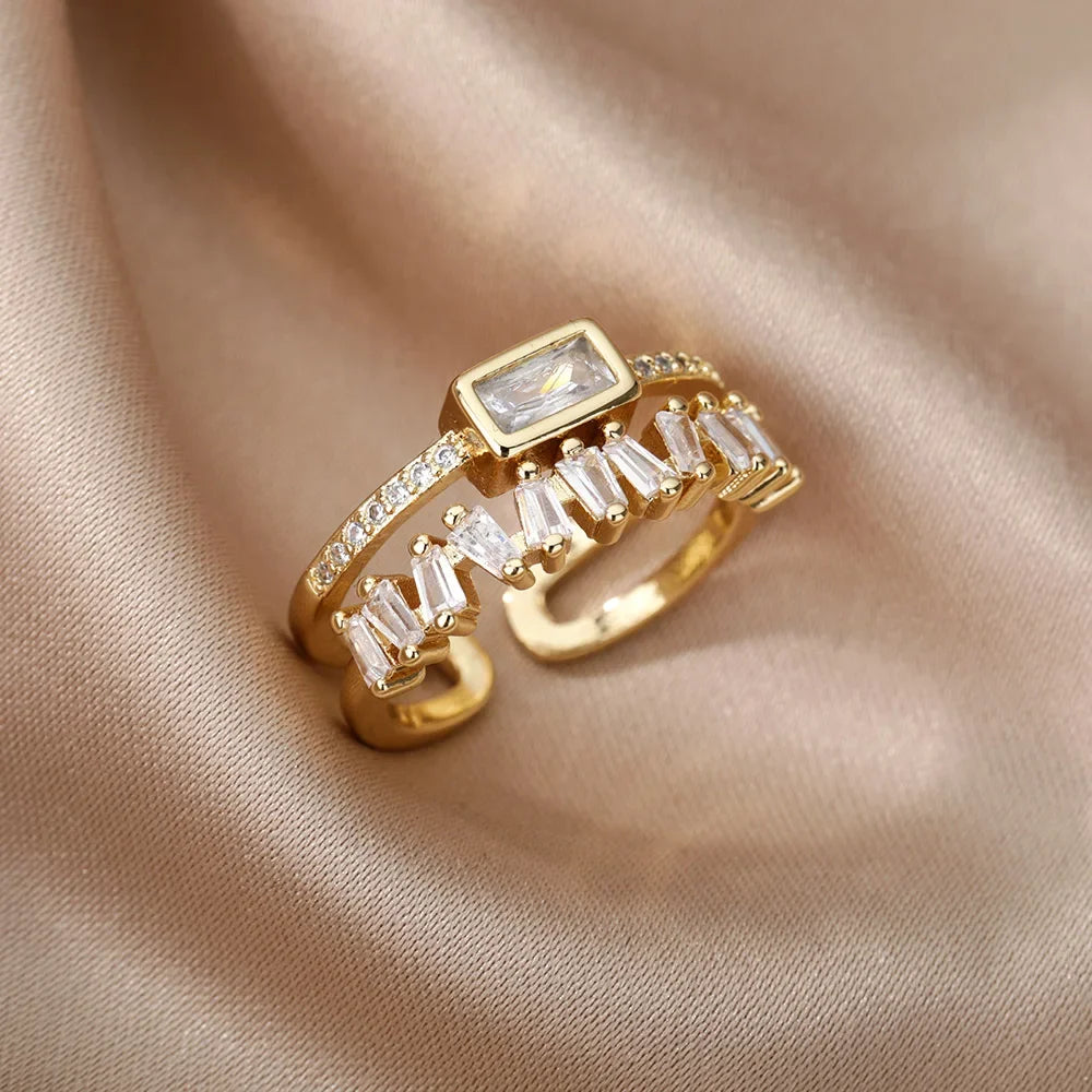 Goldfarbener Edelstahlring für Frauen Bunter Zirkonia Herz Öffnender verstellbarer Ring Modeschmuck Hochzeitsgeschenk