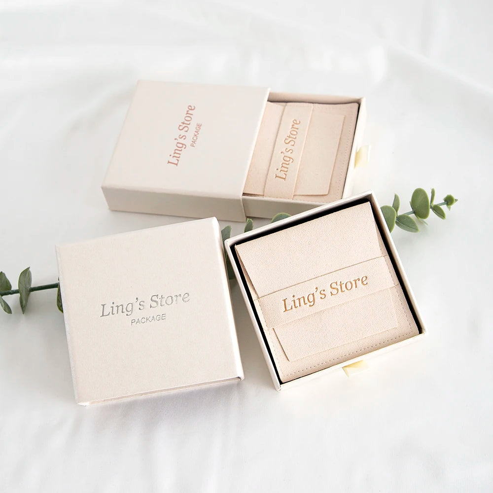 24/50/100Sets Custom Logo 9x9x2.5cm Jewelry Drawer Box 8x8cm Microfiber Strip Bags Can Debossed Logo For Earrings Rings Necklace