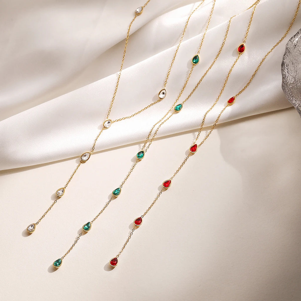 NEWBUY Fashion Gold Color Stainless Steel Choker Necklaces For Women Delicate White/Green/Red CZ Zircon Inlay Jewelry