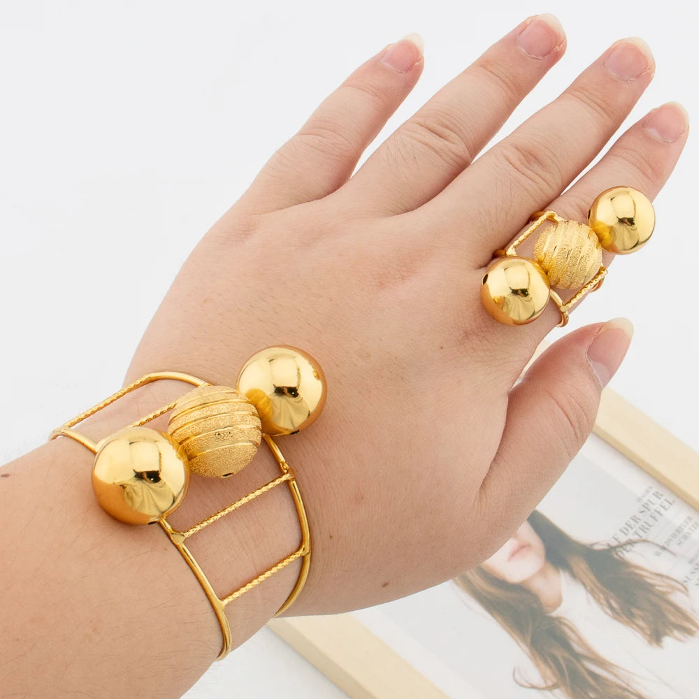 Afrikanischer Goldschmuck für Frauen, Perlen-Design, Manschettenarmreif und Ring, Dubai Hochzeiten Brautschmuck-Set, Accessoires, Geschenke
