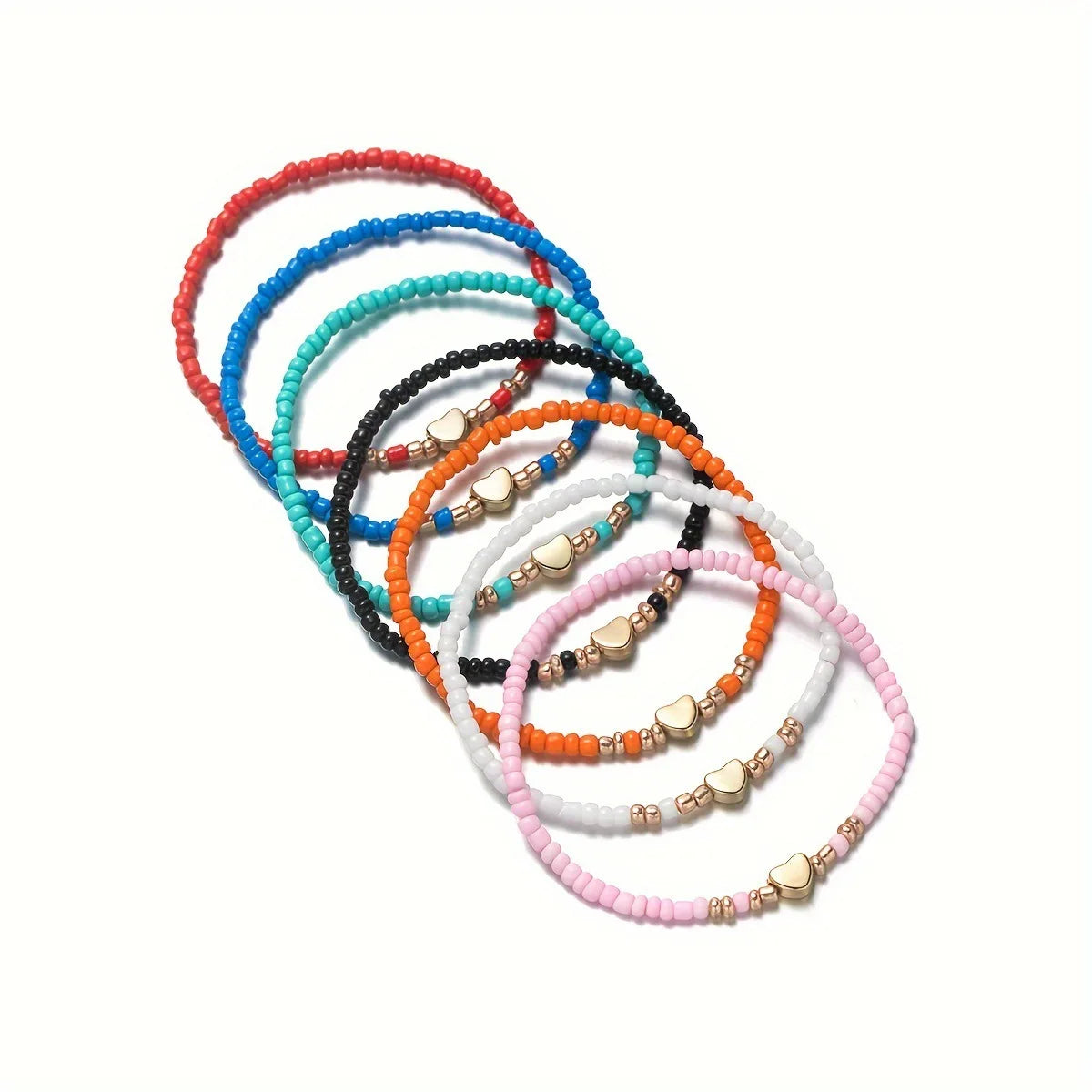 7-teiliges Armband-Set aus bunten Reisperlen für Damen, modisches Armband mit Herzanhänger, elastische Perlenkette, Damen, trendiger Schmuck, Geschenk