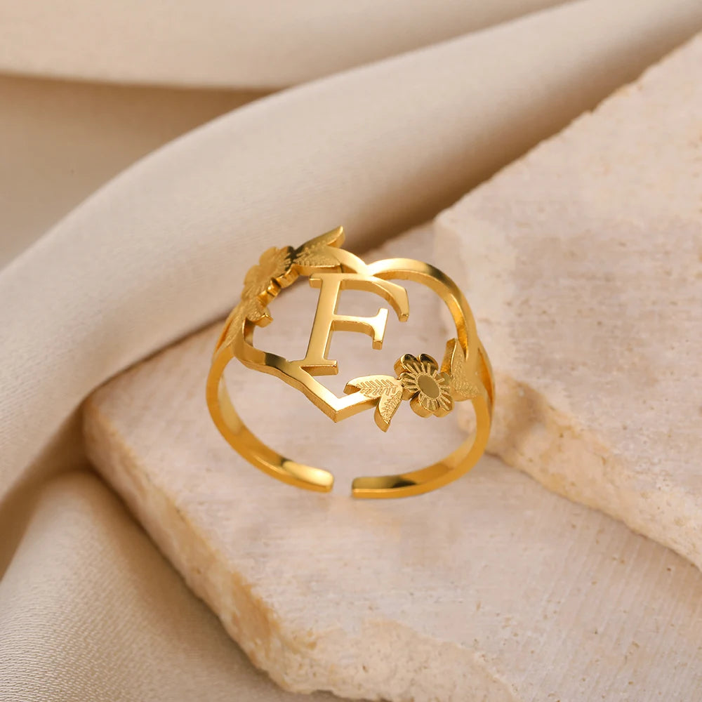 Edelstahl Initialen Buchstaben Herzringe für Frauen Mädchen Goldfarben Blumen Alphabet Ring Mode Valentinstags Schmuck Geschenk