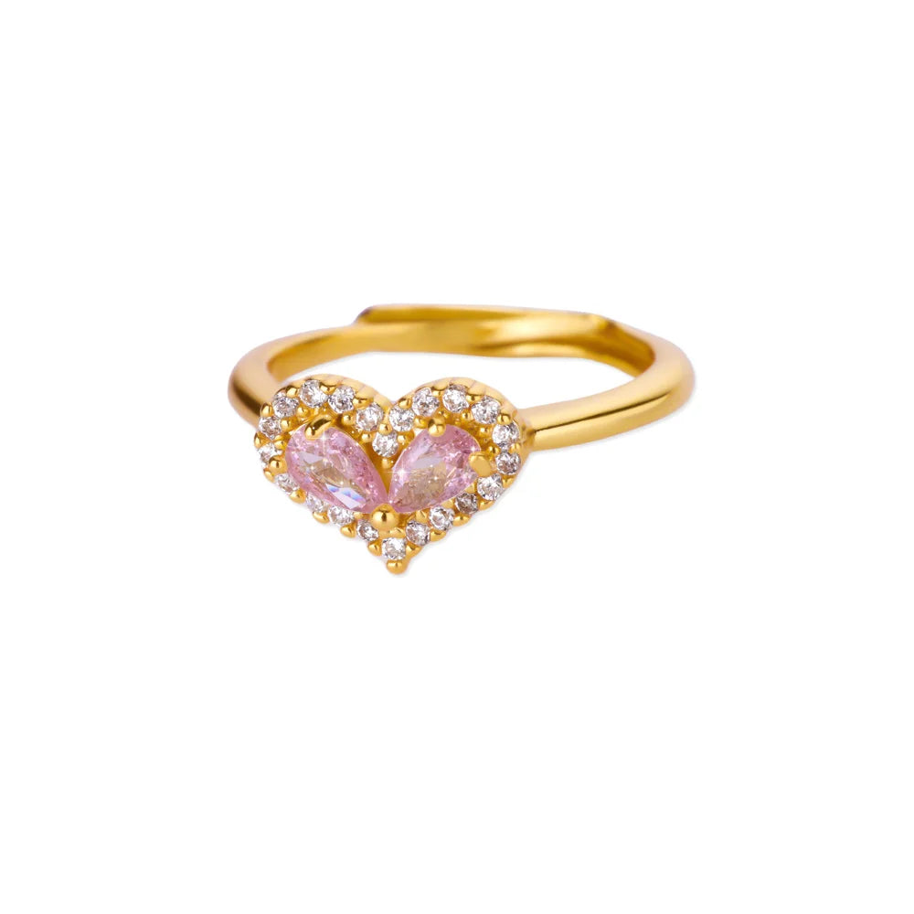 Zirkonia Herzring für Damen Goldfarben Edelstahl Herz Verstellbarer Ring Hochzeitstag Wasserdichter Schmuck Geschenk