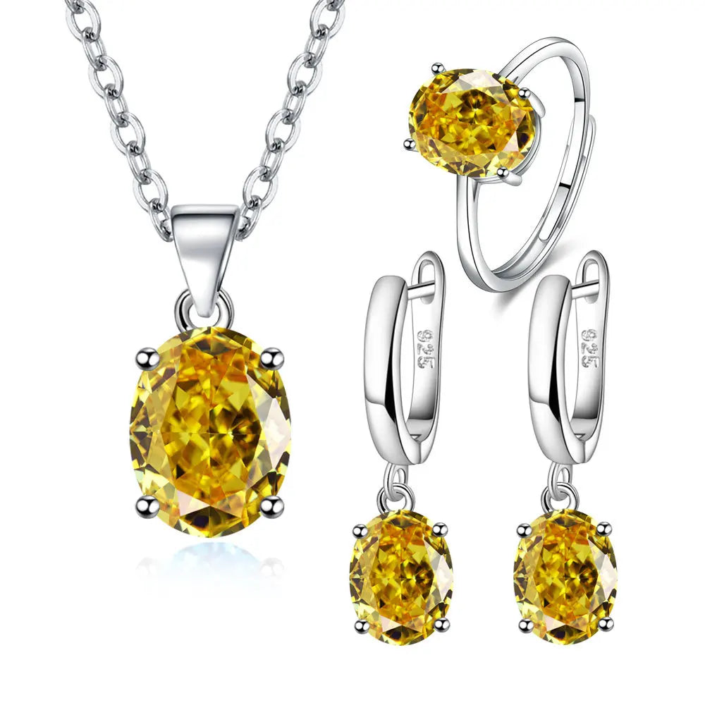 925 Sterlingsilber Elegante Damen Schmucksets Ellipse Zirkon Ring Halskette Ohrringe Accessoires Juwellery Argent 925