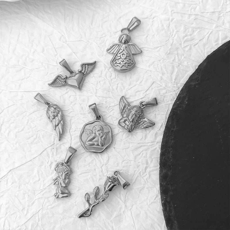 Colgante Sin Deslustre Cruz de Ángel Corazón de Acero Inoxidable Chapado en Oro Vintage para Mujer, Fabricación de Joyas para Collares