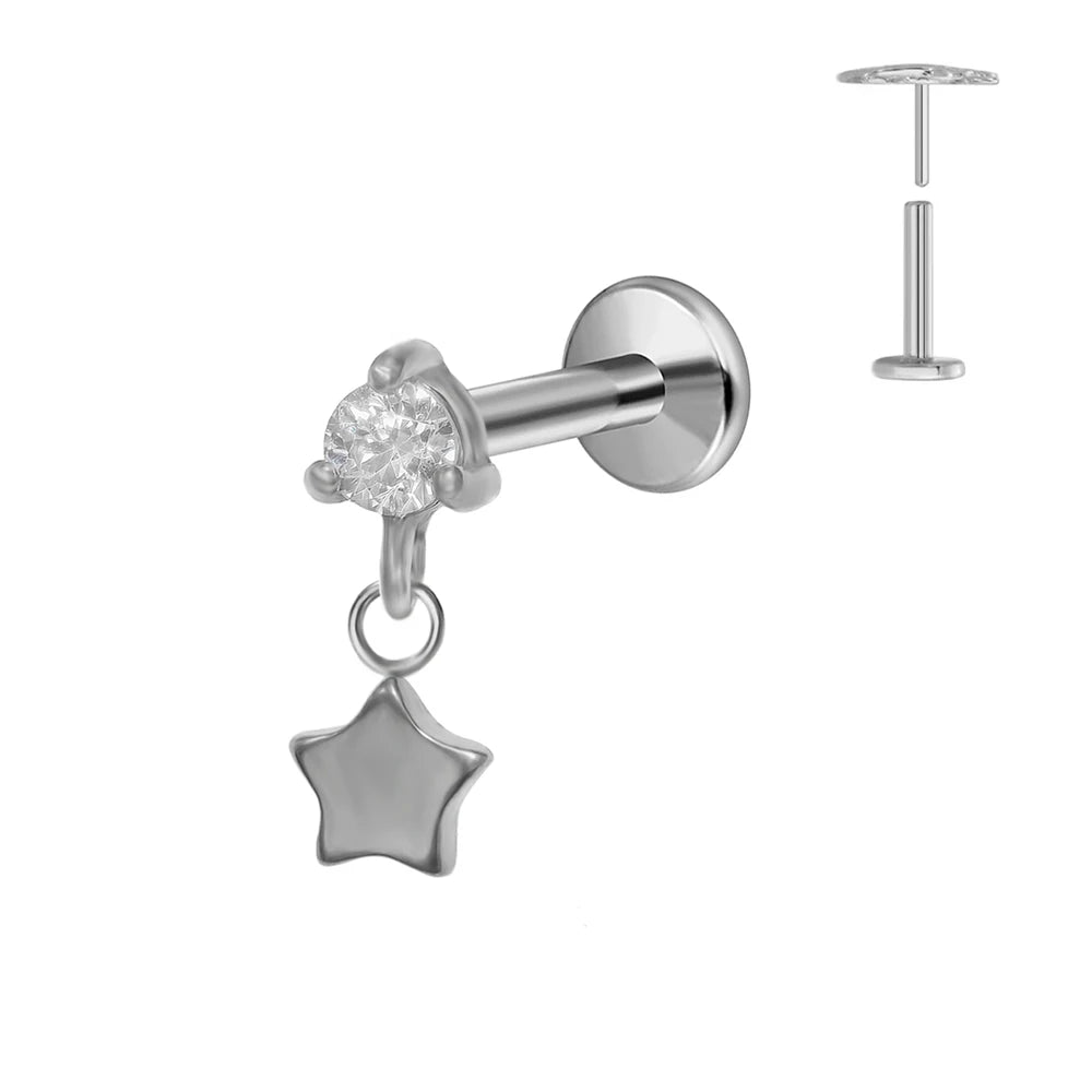 Pendiente de cartílago sin rosca con colgante de luna y estrella de titanio G23 para piercing labret con cono puntiagudo
