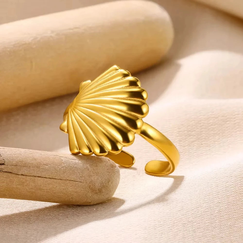 Anillos Abiertos de Acero Inoxidable con Concha de Estrella de Mar para Mujer, Anillo Ajustable Color Oro para Dedo, Joyas de Moda para Vacaciones en el Mar, Regalos