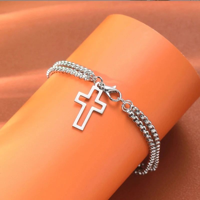 1x Armband Edelstahl Dicke Kette Kreuz Hohler Kreuzanhänger Doppelarmband Persönlichkeit Nische Hochwertiger Handschmuck