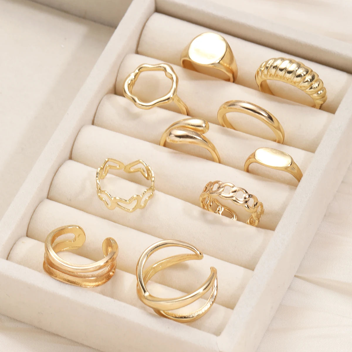14Pcs/Set Vintage Glatte Offene Ringe Set für Frauen Geometrische Kreative Unregelmäßige Goldfarbe Fingerringe Trendiger Täglicher Schmuck Geschenk