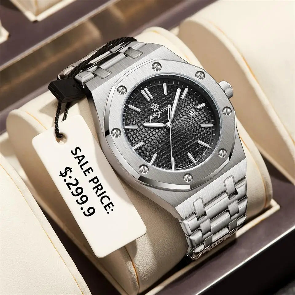 PAAZOMU Relojes de lujo para hombre, acero inoxidable, impermeable, luminoso, con fecha y semana, moda informal, reloj de cuarzo para hombre