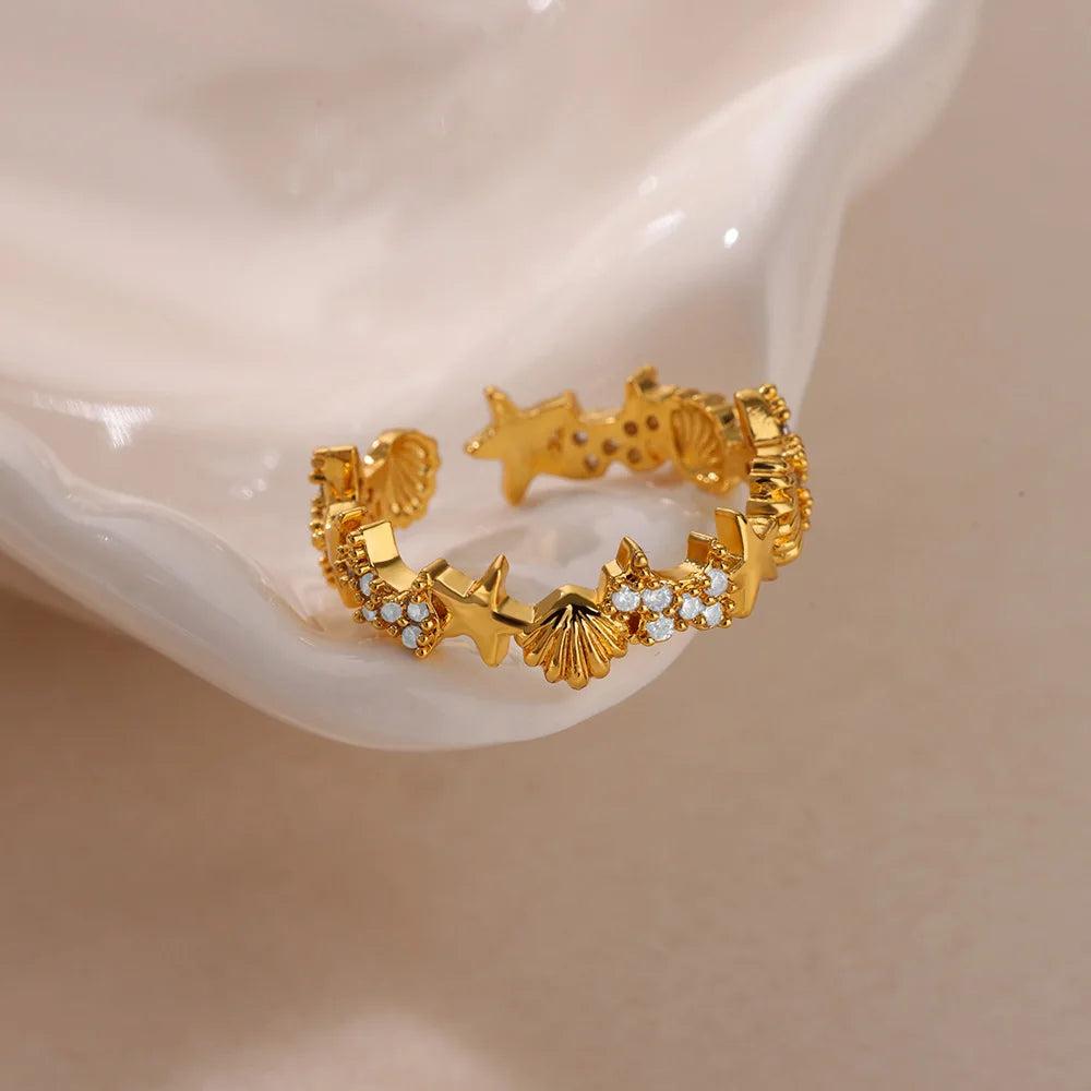 Ozean Seestern Muschel Offene Ringe Für Frauen Goldfarben Edelstahlring Sommer Strand Ästhetik Wasserdichter Schmuck Geschenk