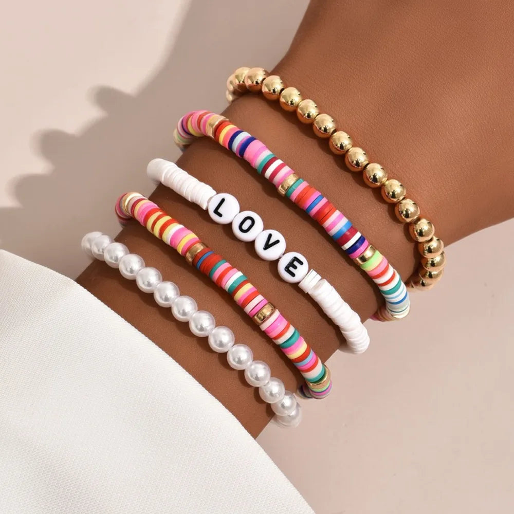 Juego de Pulseras Apilables Arcoíris de Moda para Mujer con Dijes de Corazón, Arcilla Blanda, Cuentas en Capas, Cadena, Brazalete, Joyería Bohemio Femenina