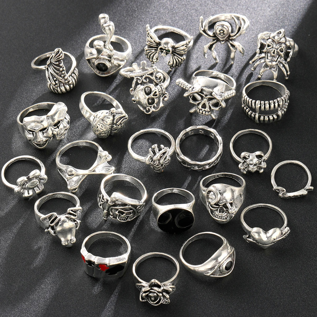24-teiliges Gothic-Skelett-Unisex-Ring-Set Punk Grunge Schmetterling Frosch Damen Herren Schmuck Hip Hop Party Street Ring Accessoires Geschenk