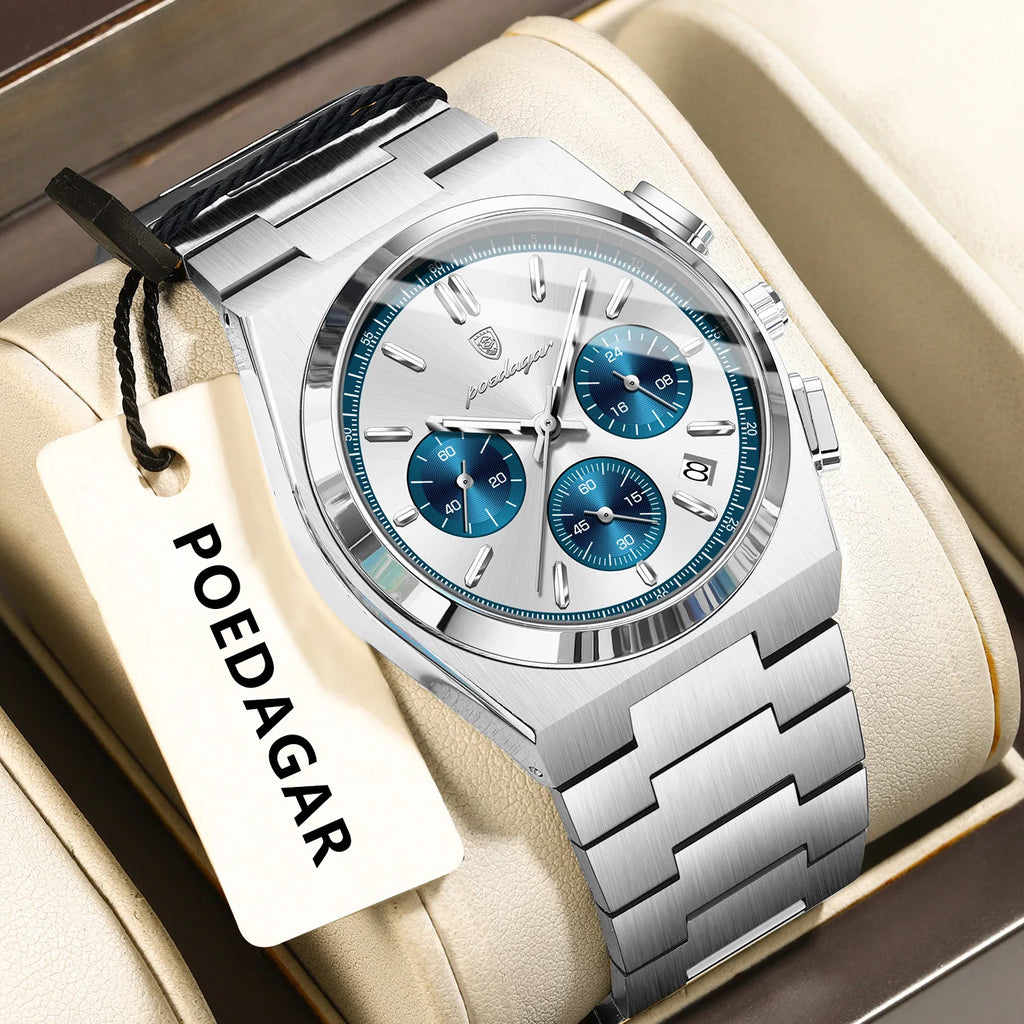 POEDAGAR Reloj de Lujo para Hombre Cronógrafo Fecha Acero Inoxidable Deporte Reloj de Pulsera para Hombre Impermeable Luminoso Moda Relojes de Cuarzo para Hombre