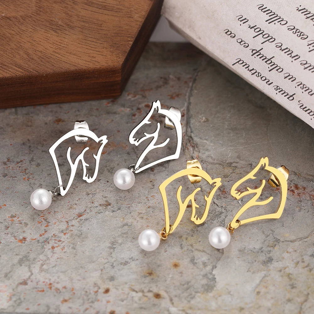 Edelstahl Ohrringe 2022 Trend Exquisite Linien Pferde-Design Perlenanhänger Ohrringe für Damen Schmuck Party Geschenke NEU