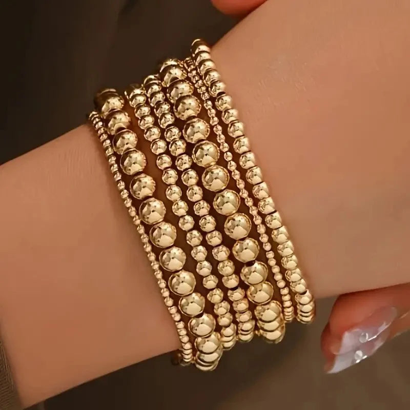 7 Teile/Satz Vintage handgemachte goldfarbene Perlenarmbänder Set Stretch Damen Trend Armbänder Fashion Mädchen Party Boho Schmuck Geschenke