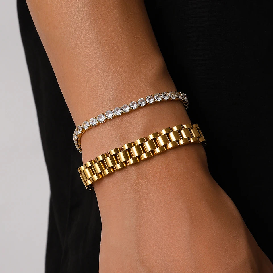 Yupsk 2 Pieces Stainless Steel Zirconia Tennis Bracelet Bangle Set Round Zircon CZ Aesthetic Women Jewelry Set Gift