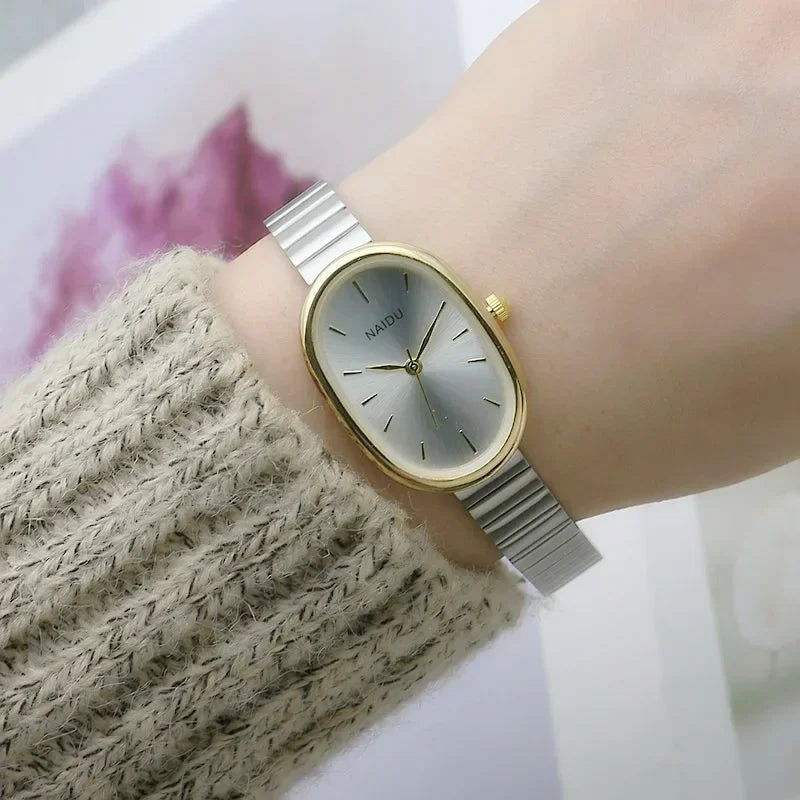 Reloj de cuarzo para mujer con esfera ovalada pequeña, correa de bambú de acero inoxidable, para niña, estudiante, ocio, moda, lujo, regalo, venta al por mayor