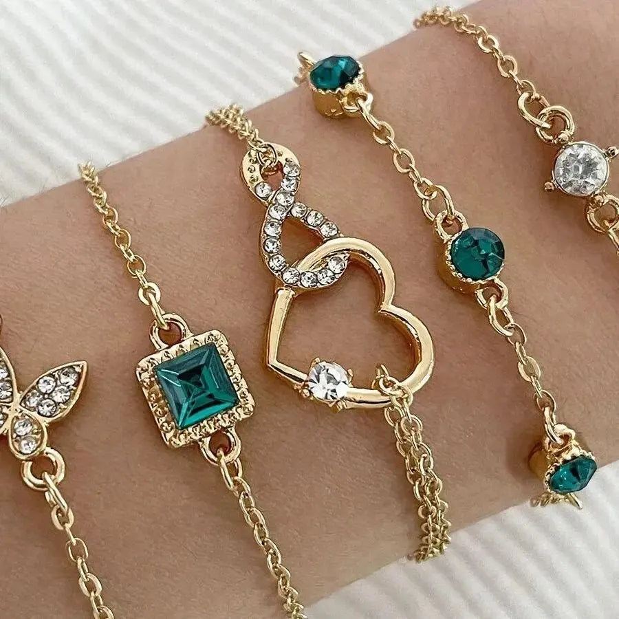 5-teiliges Set, hohles Herz, grüner Kristallstein, Armband-Set für Frauen, goldfarben, lieblicher Schmetterling, Strass, Mädchen-Armband-Set