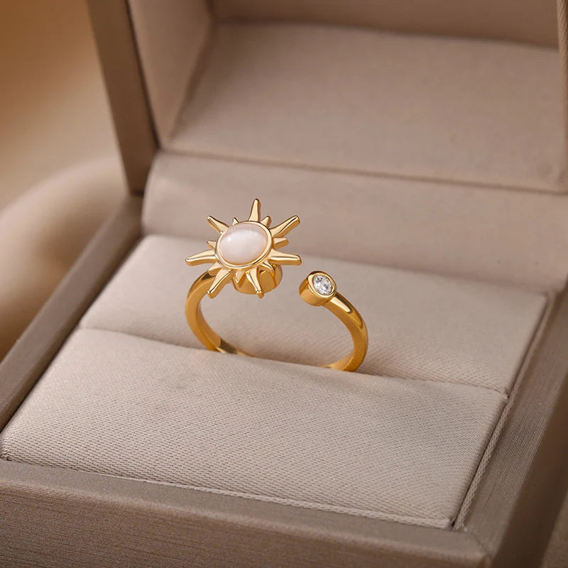 Rotierender Sonnen-Opal-Ring für Damen, Edelstahl, Retro-Charme, verstellbare offene Ringe, Party-Schmuck, Geschenk für die beste Freundin, Bijoux Femme