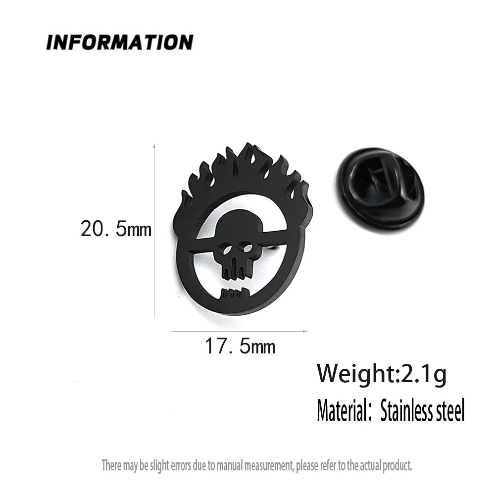 New flame skull men's lapel pin, 316L stainless steel gold-plated badge, black brooch for suit accessories, gift for father