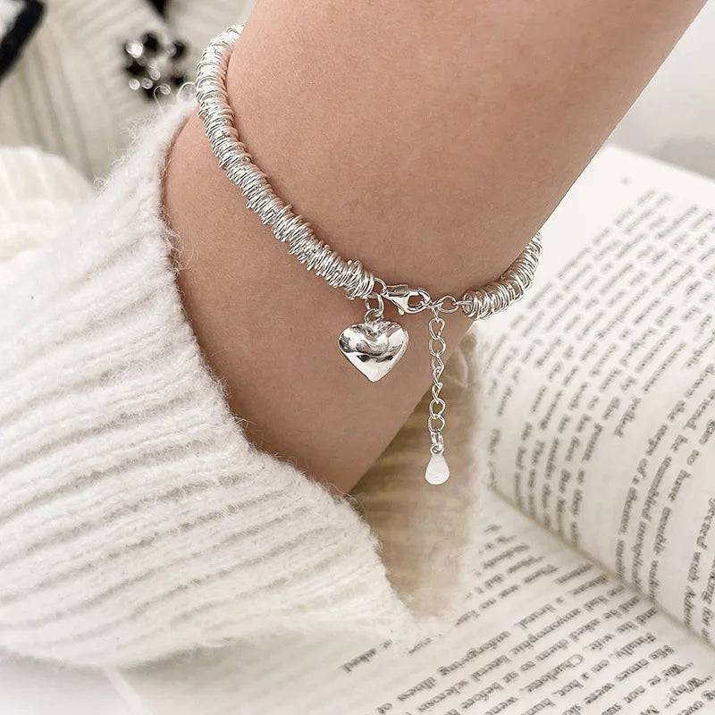 Sterling Silver plated Thai Silver Bracelet for Women Vintage Geometric Heart Love Lucky Punk Jewelry 2023 New Dropship