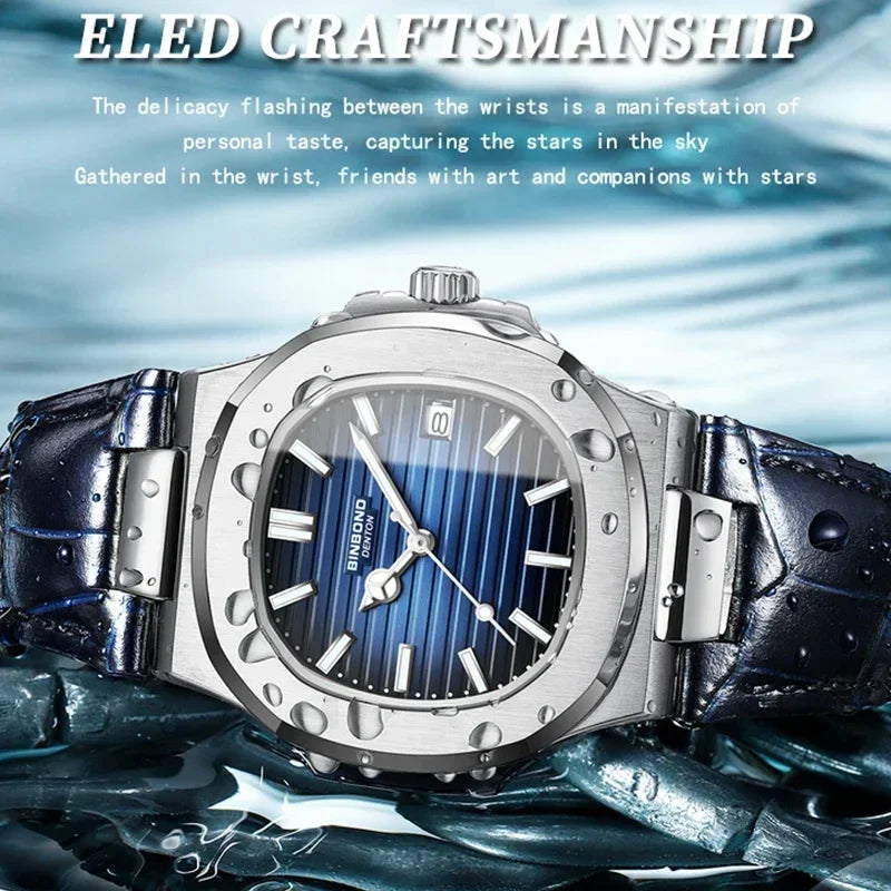 Reloj informal de negocios de cuero azul para hombre, reloj de lujo automático para hombre, relojes de moda para hombre, relojes de cuarzo de pulsera, Montre Homme 2026