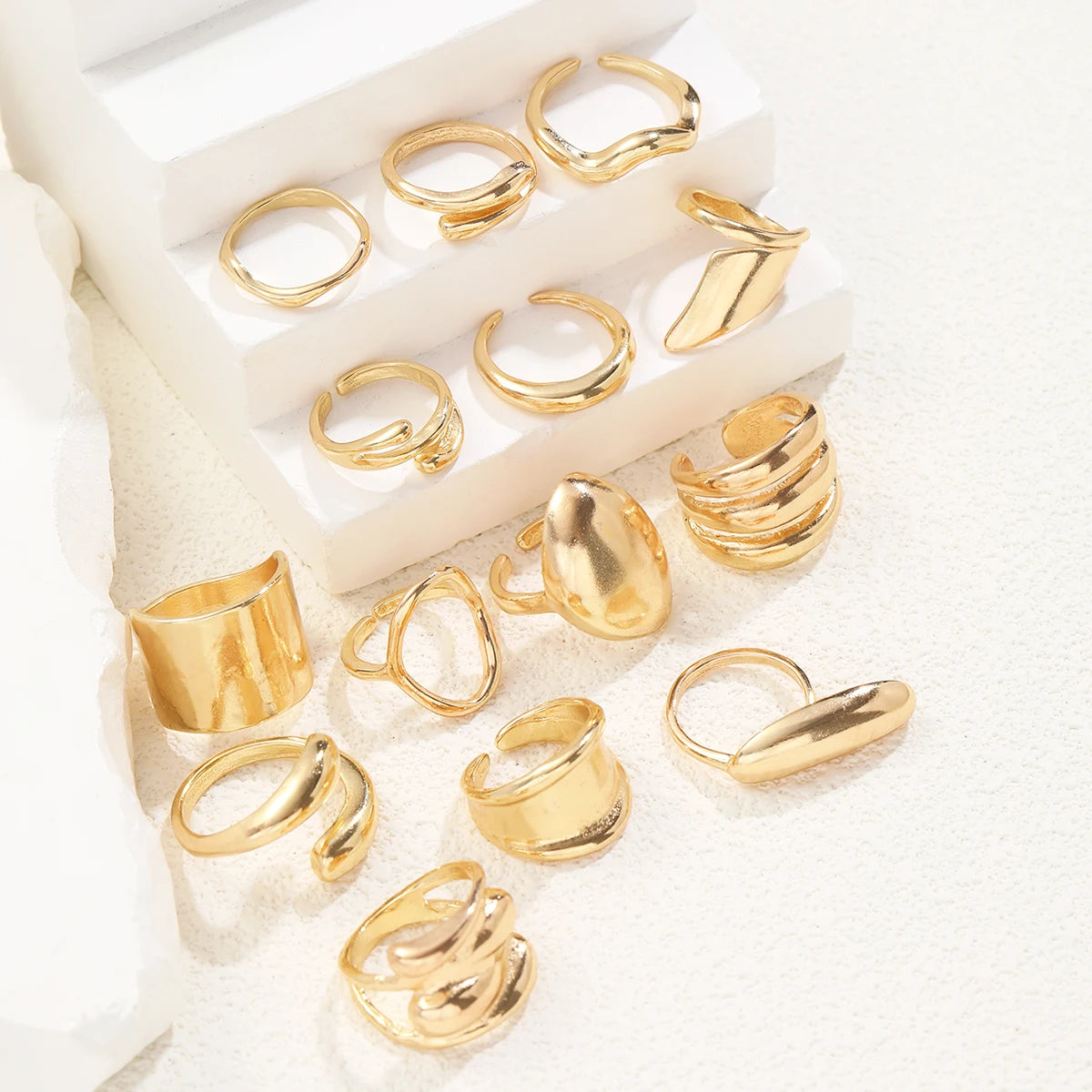 14Pcs/Set Vintage Glatte Offene Ringe Set für Frauen Geometrische Kreative Unregelmäßige Goldfarbe Fingerringe Trendiger Täglicher Schmuck Geschenk