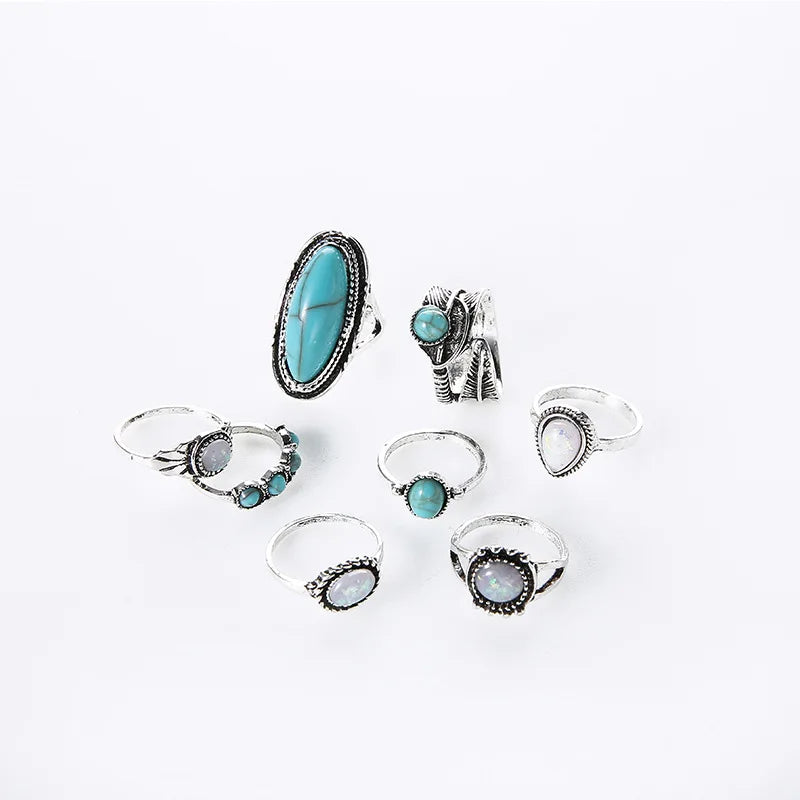 8 Stücke/Set Ringe Set Mode Lässig Retro Set Mit Türkis Geschnitztem Federring Set Hochwertiger Schmuck