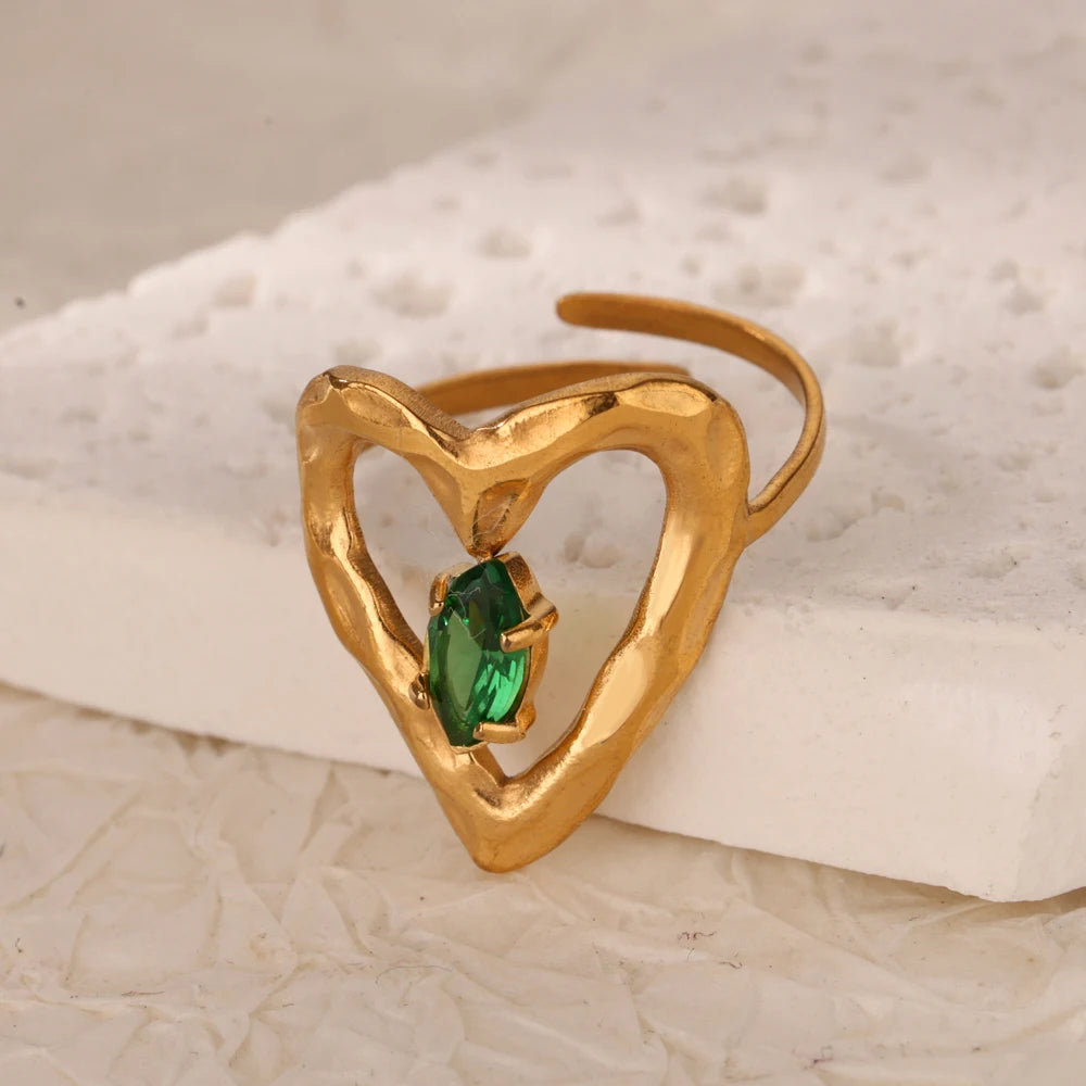 Grüne Zirkonia Herzringe für Damen, Vintage Goldfarben, Edelstahl, offener Ring, modischer ästhetischer Schmuck, Hochzeitsgeschenk