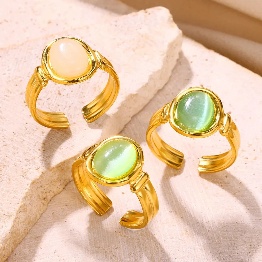 Vintage Ovale Opalringe für Damen Goldfarben Edelstahl Verstellbar Naturstein Verstellbarer Ring Ästhetischer Hochzeitsschmuck