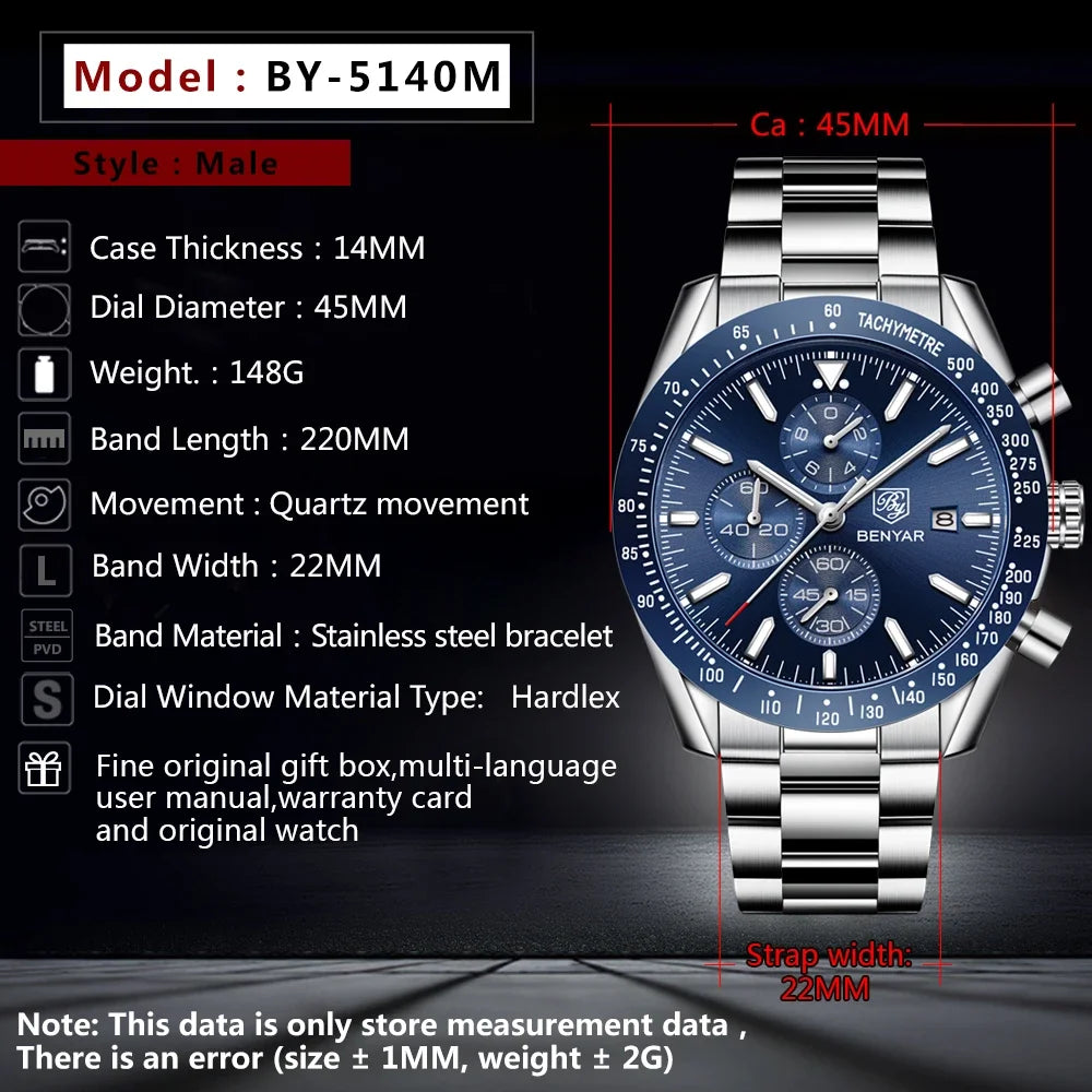 Reloj de hombre BENYAR, de marca superior de lujo, totalmente de acero, con movimiento de cuarzo para negocios, informal, impermeable, deportivo, Relogio Masculino