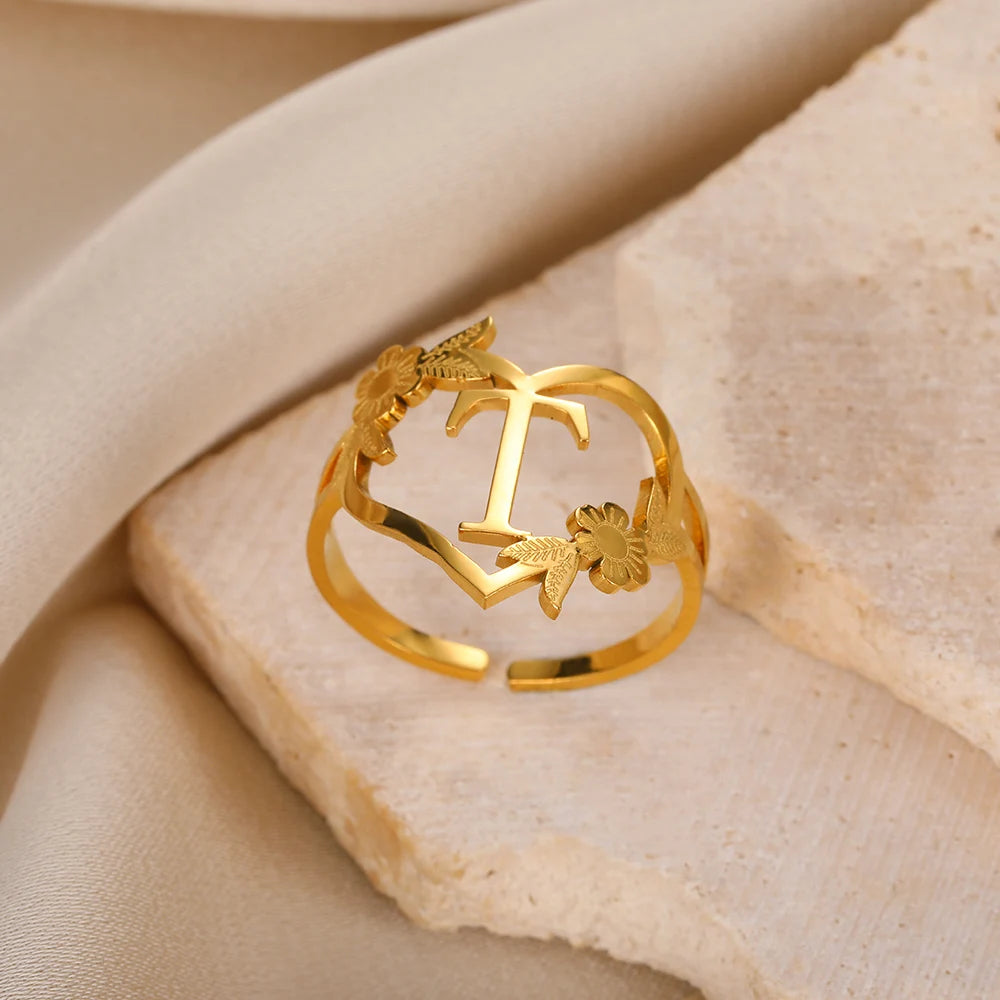 Edelstahl Initialen Buchstaben Herzringe für Frauen Mädchen Goldfarben Blumen Alphabet Ring Mode Valentinstags Schmuck Geschenk