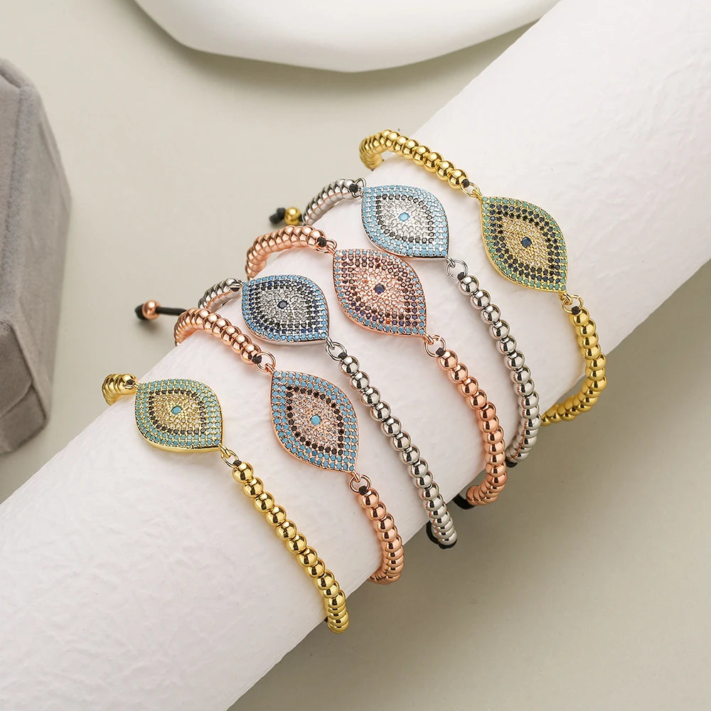 NEWBUY 2023 Mode Handgemachte schwarze Seilperlenkette Armband Verstellbar AAA Zirkonia Böser Blick Charm Armbänder für Frauen Mädchen