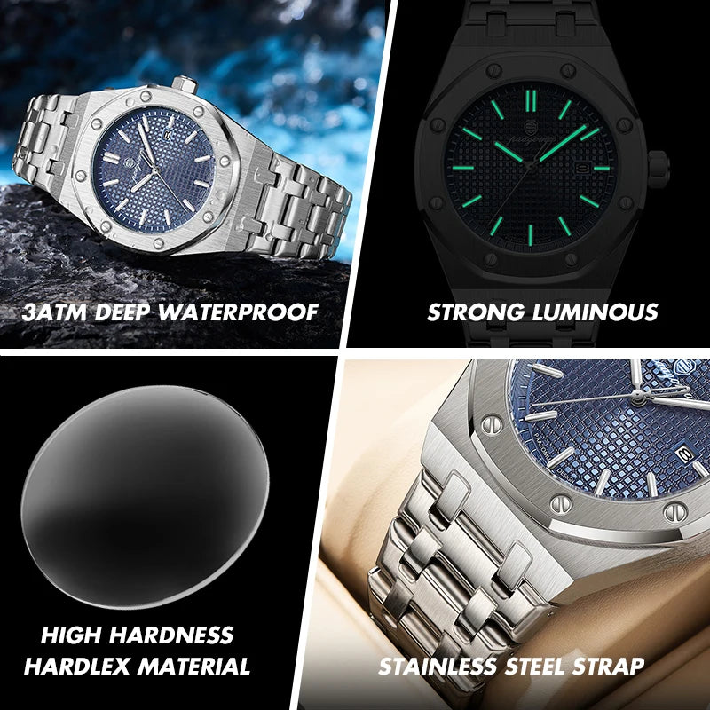 PAAZOMU Relojes de lujo para hombre, acero inoxidable, impermeable, luminoso, con fecha y semana, moda informal, reloj de cuarzo para hombre