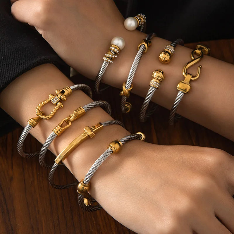 1x Edelstahl vergoldet Armreif Trendiger Retro Hip-Hop Stil Armband Fried Dough Twists Stahldrahtseil Farbfester Armreif