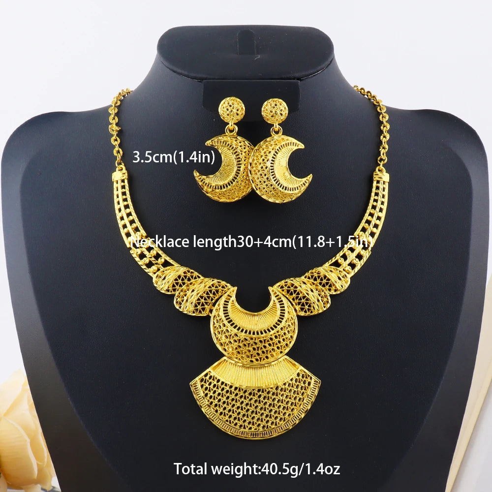 24 Karat goldfarbenes Party-Halskette-Ohrringe-Ringe-Set, luxuriöse Goldschmuck-Sets für Damen, Hochzeitsfeier-Accessoires